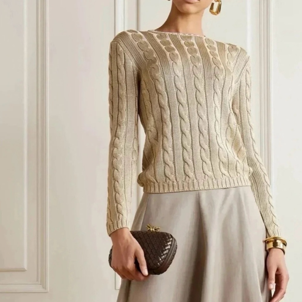 Ralph Lauren Women’s Gold Metallic Cable Knit Cotton Blend Crewneck Sweater M - Picture 4 of 16